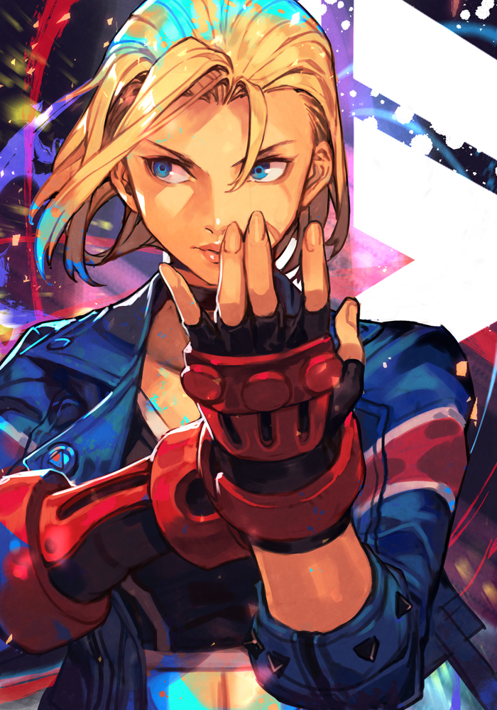 1girl solo blonde hair gloves blue eyes jacket fingerless gloves  illustration images