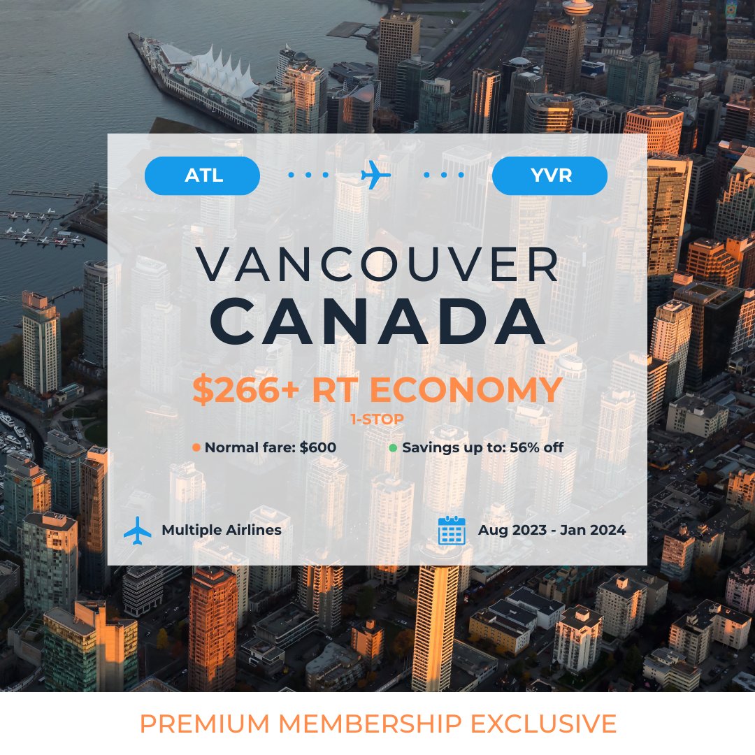 ✈️ Atlanta to Vancouver, Canada - $266+ Round Trip Economy, 1-Stop (Aug 2023 - Jan 2024) ✈️

See the deal when you sign up for free at 👉 oneair.ai
🔗 Deal details: app.oneair.ai/app/deals/deta…

#airfare #travel #vancouver #canada #atlanta #atlantaflights #cheapflights
