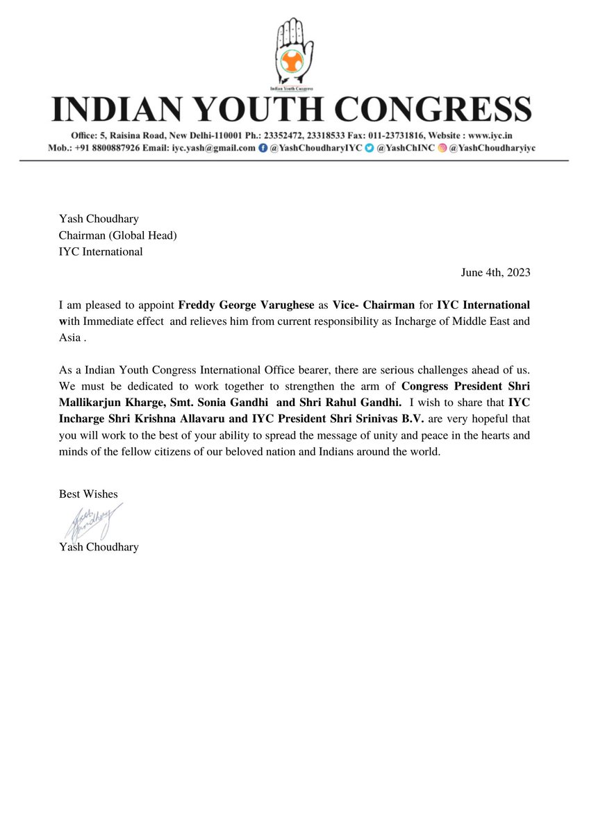 YashChIndia's tweet photo. Congratulations to Freddy George Varughese for being appointed as Vice- Chairman for IYC International with Immediate effect and is relieved from current responsibility as Incharge of Middle East and Asia. 

We are looking forward to your valuable contributions to the party fold. Wish you will bring along the Indians living abroad and strengthen the organisation.