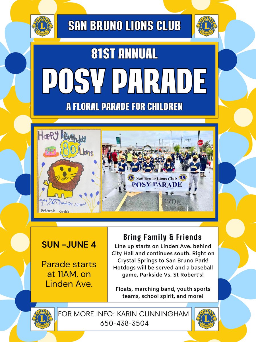 TOMORROW, SUN, JUNE 4:
Wake up, 8:30-11:30 eat $5. b-fast at the firehouse 🥞🥞🥞. 11:00 line up on Linden Ave to watch the Posy Parade. 12:00 Go to San Bruno Park for hotdogs and baseball, Parkside vs St Robert’s! ⚾️🌭