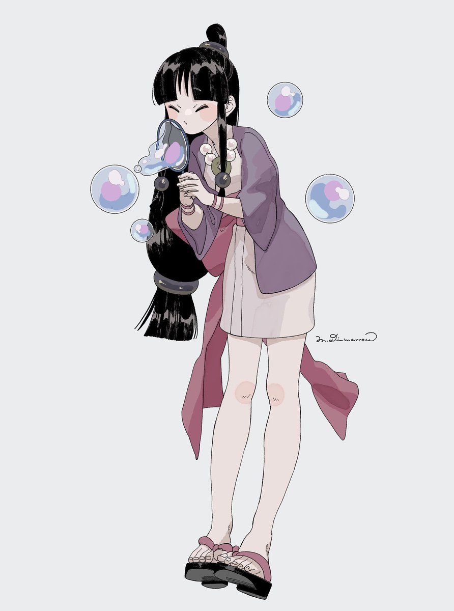 1girl solo japanese clothes black hair long hair full body necklace  illustration images