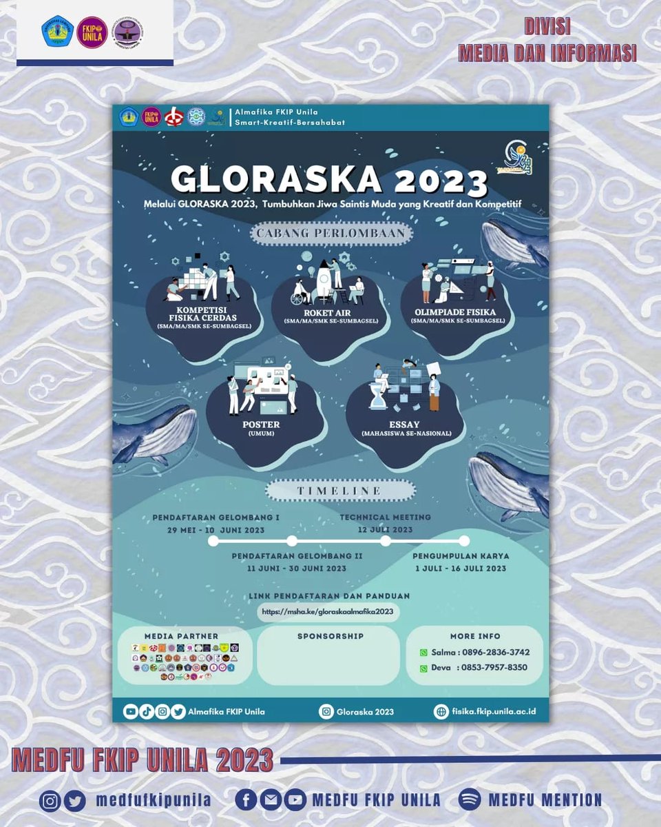 [ MEDFU MEDIA PARTNER ]

✨ *GLORASKA 2023 WILL BEGIN!* ✨
 msha.ke/gloraskaalmafi…  

#Gloraska2023  
#CakraAbhinaya
#AlmafikaFKIPUnila 
#UniversitasLampung 
#SmartKreatifBersahabat 
#InfoLomba  
#LombaRoketAir  
#LombaPelajar  
#LombaLampung  
#LombaMahasiswa  
#OlimpiadeFisika