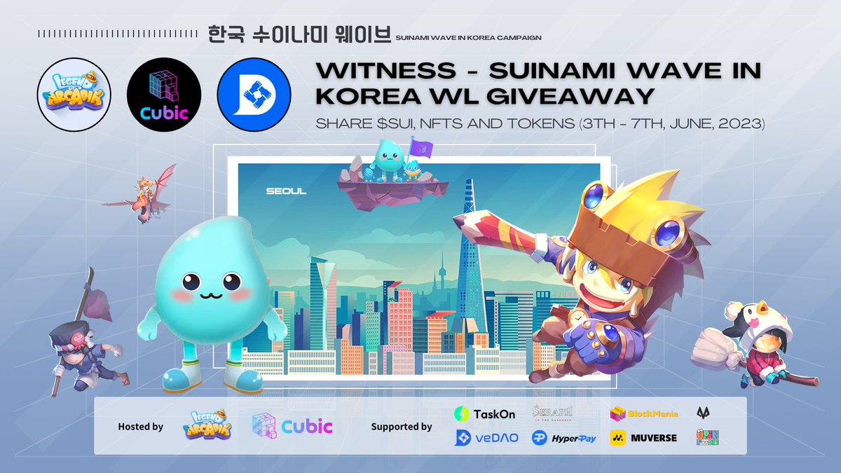 LegendofArcadia's tweet photo. 🇰🇷 #LegendofArcadia x @cubicgamesxyz x @vedao_official in Korea
🎁 #Giveaway "Witness - #Suinami Wave in Korea" WLs for sharing $Sui, #NFTs, #tokens and 500 Virtual #HyperCards!
🕤 10AM, 3rd - 7th, June, 2023 (UTC+0)
✅ RT, ❤️, Tag 3 frds
✅ Get #WLs: https://t.co/nw5zY9lYIm https://t.co/o2PTac2C5x
