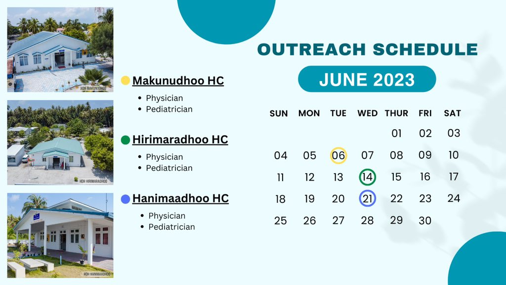 KRHmv's tweet photo. Outreach Program schedule for June 2023.

In addition to specialists' consultations, public awareness sessions and administrative assistance will be provided.

06th June - Makunudhoo
14th June - @HirimaradhooHC 
21st June - Hanimaadhoo

#41yearsofKindness 

@presidencymv https://t.co/uu207vW5uz