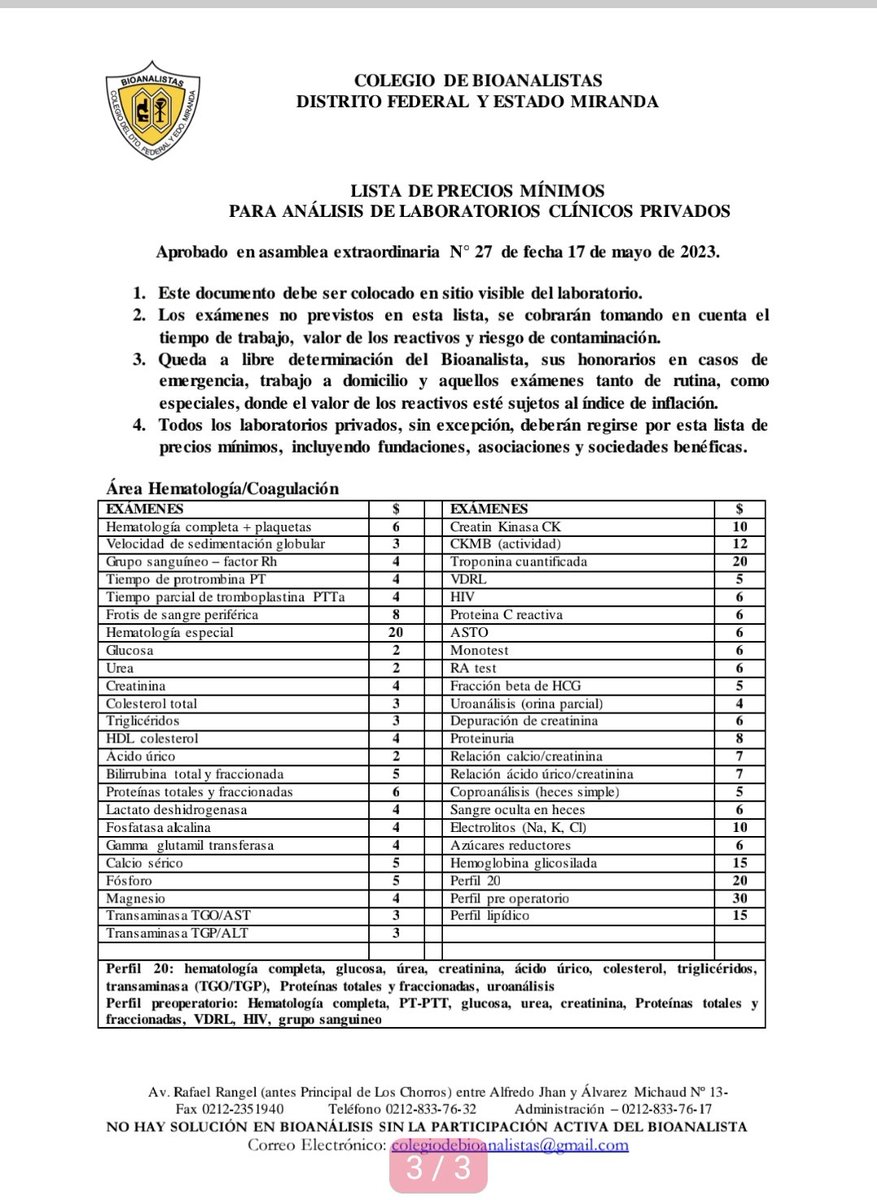 MariaesPueblo's tweet photo. COLEGIO BIOANALISTAS emite circular dónde establece precios mínimos para exámenes d laboratorio "cartelizando precios" violando 114 CRBV, obviando la "libre competencia" d régimen socioeconómico previsto en 299. Ni decir d perjudicar a los pobres q no tienen como pagar exámenes https://t.co/8PdWx269LW