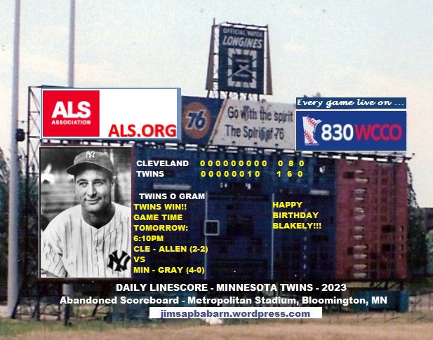 Late on my scoreboard for Friday’s game … also, a late tribute to Lou Gehrig (6/2 Lou Gehrig Day) and an on-time birthday wish to my daughter … keeping the abandoned Metropolitan Stadium scoreboard alive … @DJGloveRepair @jzulgad @vsawkar @LG4Day @BertBlyleven28