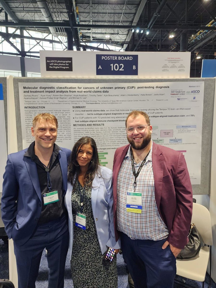 <a href="/RiversPharmD/">Zach Rivers</a>, Halla Nimeiri and Martin Stumpe sharing their research on Molecular diagnostic classification for cancers of unknown primary (CUP): post-testing diagnosis and treatment impact analysis from real-world claims data at #ASCO23!