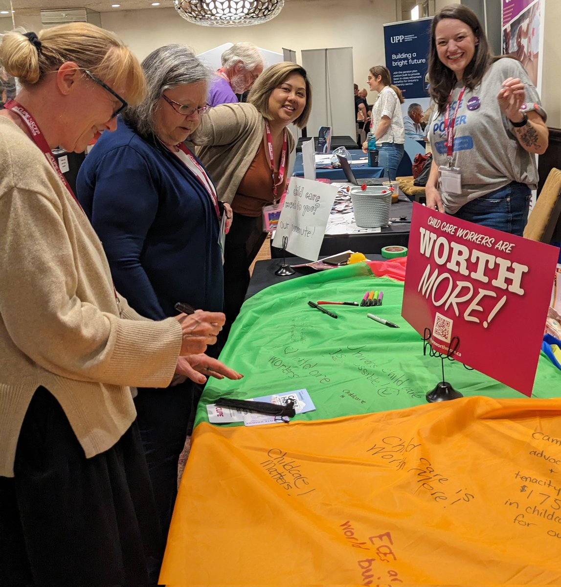 ChildCareON's tweet photo. Thank you to our labour partners! @ChildCareON and @AECEO had a great time this week talking to folks about our Child Care Is Worth More campaign at the @CUPEOntario Convention and today's @OFLabour #EnoughIsEnoughON rally. https://t.co/Wcv1Vc4bQF