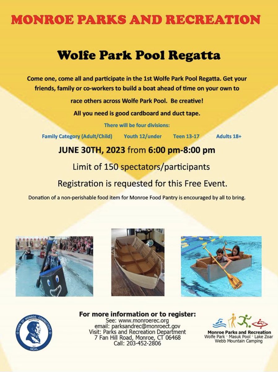 A new community event! Grab a friend and build a boat out if duct tape and cardboard and race across Wolfe Park Pool. MonroeRec.org <a href="/sun_monroe/">The Monroe Sun</a> <a href="/MonroeCTSchools/">Monroe, CT Schools</a> #monroect