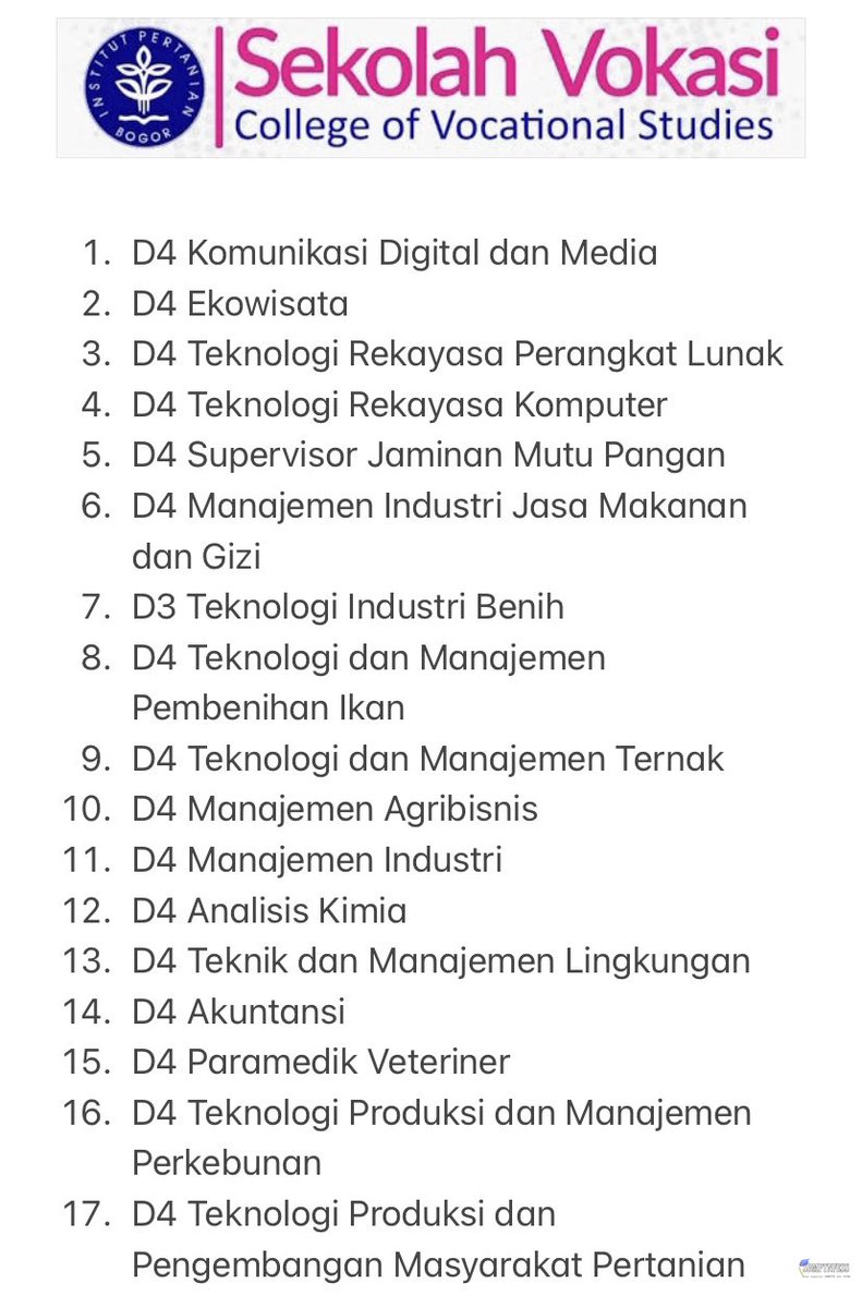 👩‍🎓 jangan lupa daftar sv ipb yaa, jurusannya lengkap mulai dari komunikasi, komputer, pertanian, peternakan, sains keuangan, lokasi kampusnya di pusat Kota Bogor deket istana, mall, stasiun, pusat hiburan, dll, bagiin ke temen kamu juga ya!