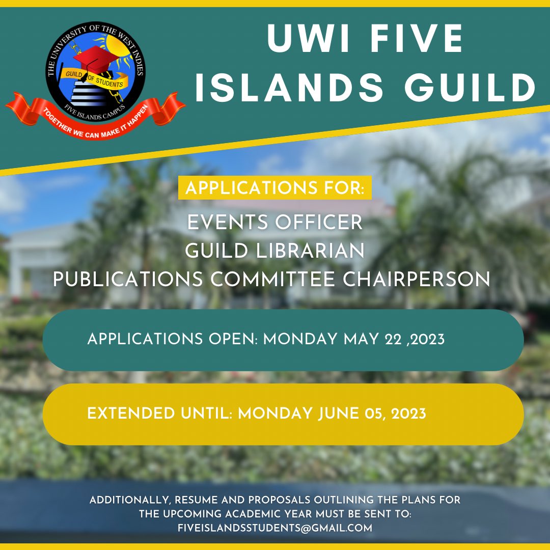 5islandsguild's tweet photo. Applications now open for the following appointed posts:

📌Events Officer
📌Librarian
📌Publications Committee Chairperson 

Submit a Resumé and Proposal of plans to: fiveislandsstudents@gmail.com https://t.co/OFmbCsL25E