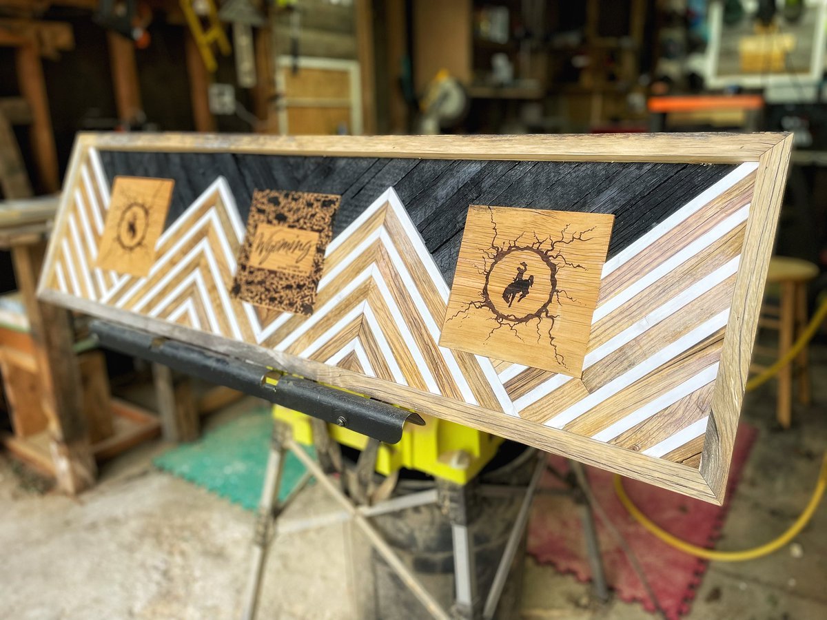 JohnQapplegate's tweet photo. Electric Cowboy Lander Wyoming is the name I gave this wood Mosaic with some laser burned images. 😎  can wait to find it a home. #wyoming #nature #yellowstonenationalpark #yellowstone #montana #jacksonhole #travel #mountains #naturephotography #photography #grandteton https://t.co/Wc66GfeKha