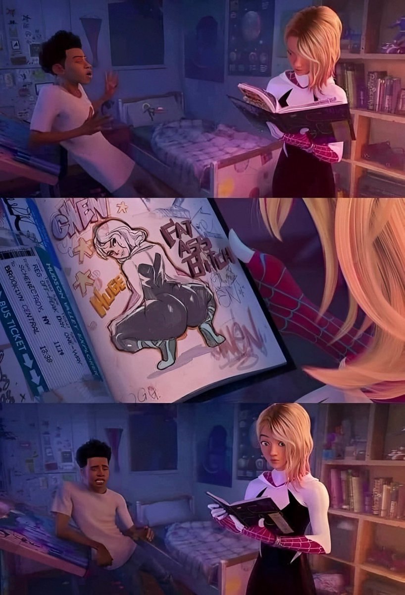 recreatings's tweet image. when gwen found miles morales drawings 😭😭