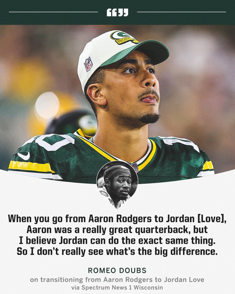 ESPNNFL's tweet photo. Packers WR Romeo Doubs doesn't see a big difference between Aaron Rodgers and Jordan Love 😳 https://t.co/E37p4sxoVE