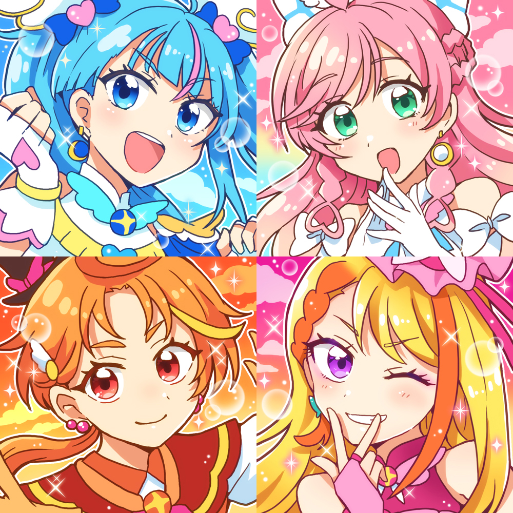 multiple girls 4girls blue hair pink hair gloves green eyes smile  illustration images