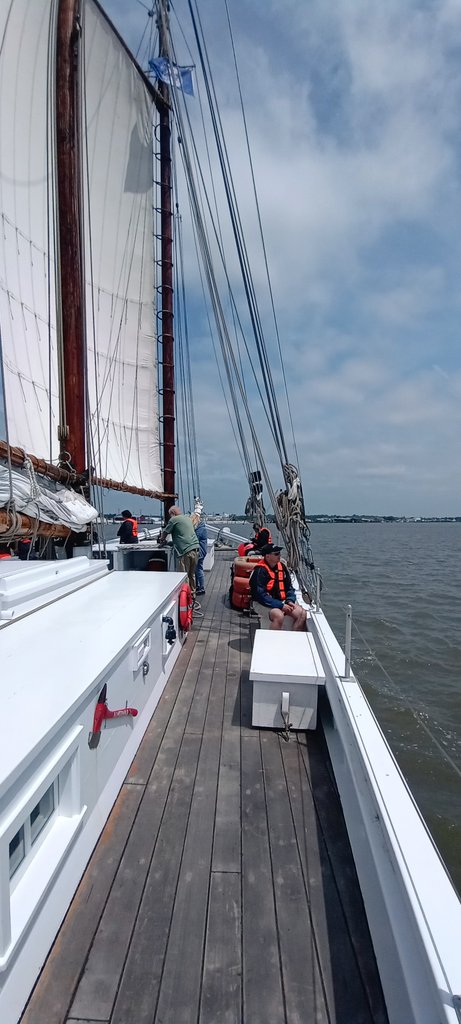 NJROTC finished School Year 2022-23 w/ storybook ending.Cadets sailed tall ship"AJ MEERWALD"on Delaware Bay,east of Cape May. Cadets had 2 1/2 hour venture with sails hoisted by them. "Heave,Ho! In this photo we cleared deck to take break to peacefully take in the serenity. BZ!