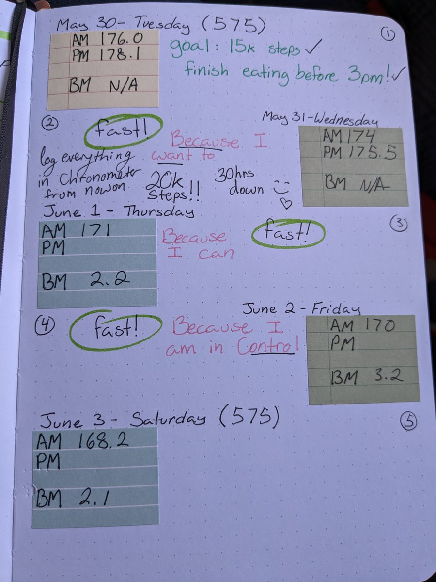 Journaling!! I do it all the time. Both to keep track of my goals and moods, but also to keep busy!! These pages are from two different 100hr f^sts (past and the one im currently finishing.) (BM is my blood ketones!)