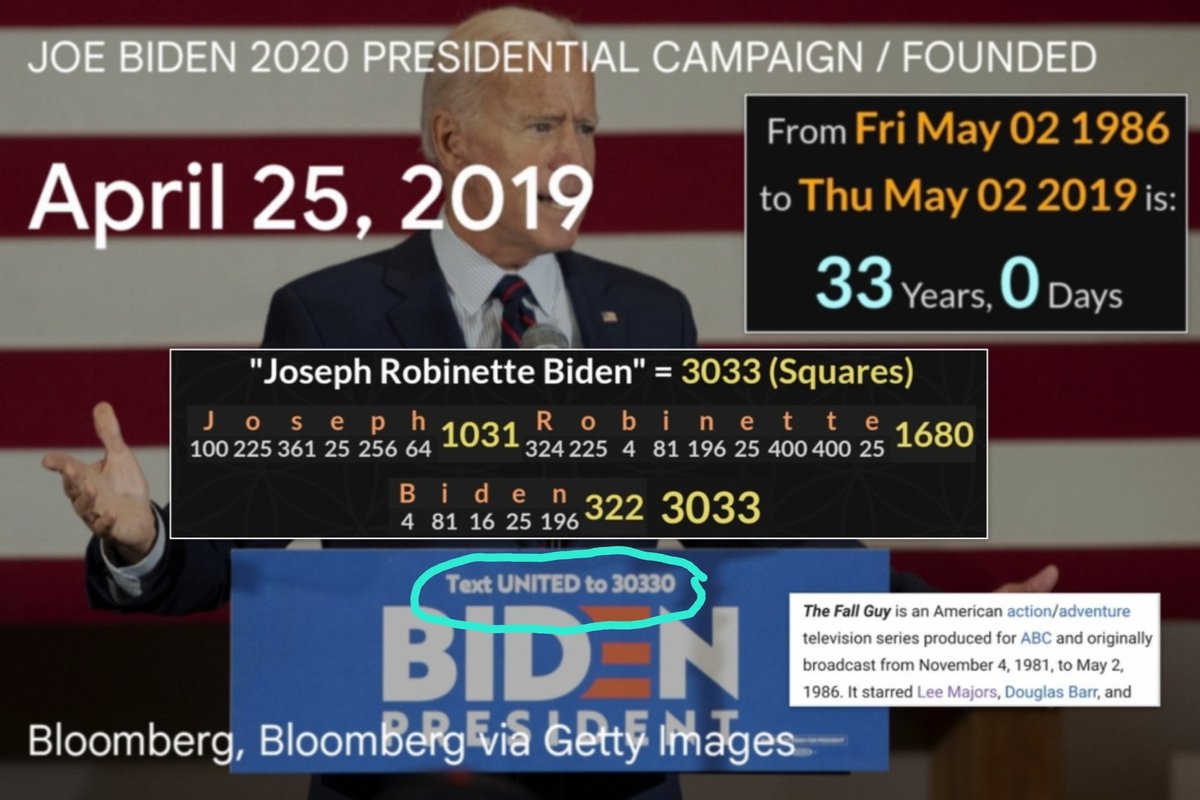 The power of 3️⃣'s is undeniable
#JoeBidenFalls

Joseph Robinette Biden =3033 used the text number 30330 during his POTUS campaign.

#JoeBiden announced his POTUS campaign one week before the 3️⃣3️⃣ yr anniversary of the final episode of #TheFallGuy TV series.