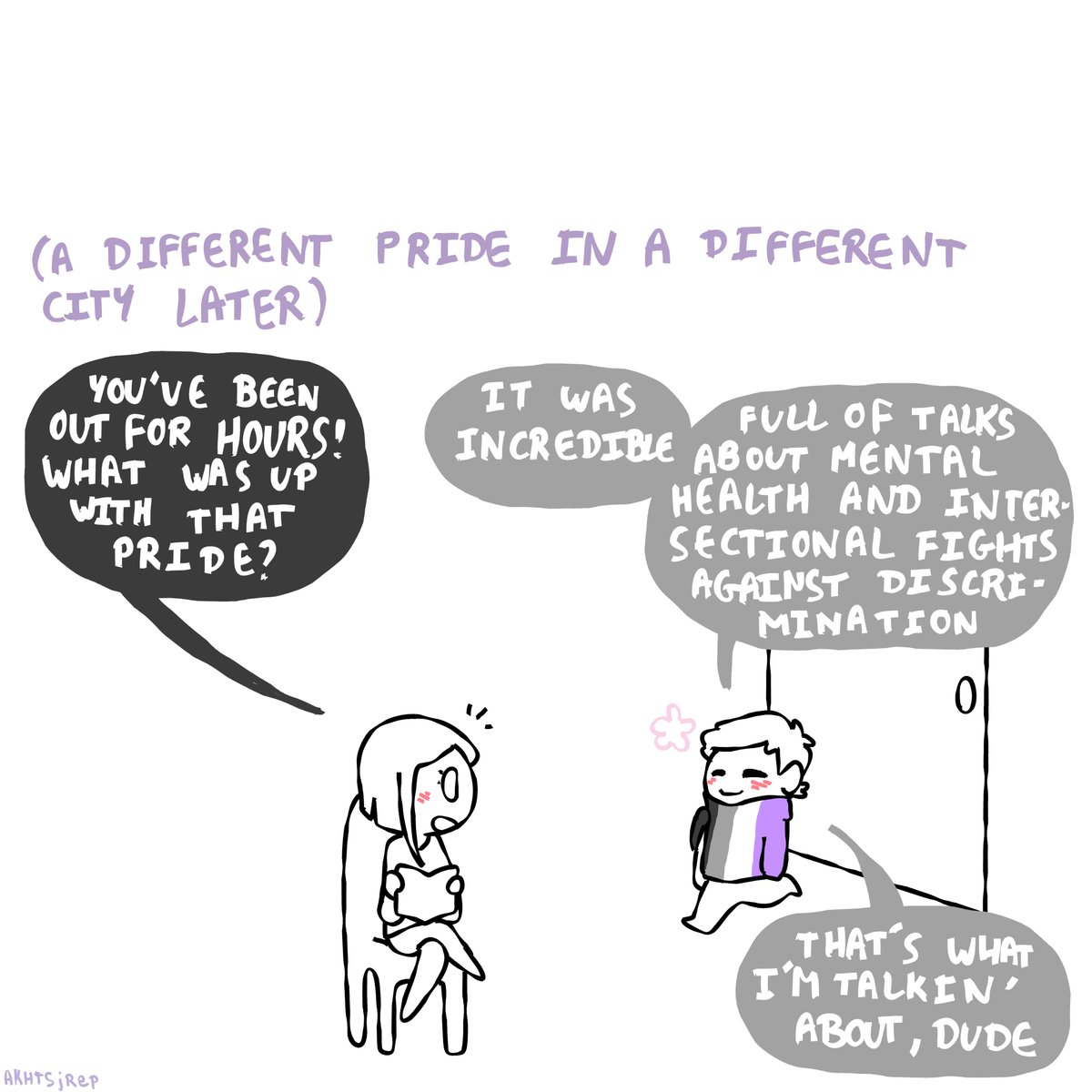 To sum up, all prides are valid, just not all #asexual friendly for obvious reasons – so here's a shoutout to @pride_banlieues for being the first pride I've ever felt safe and inspired at.

#PrideMonth #Pride2023 #AcespecComicShare #acecreativity #PridedesBanlieues