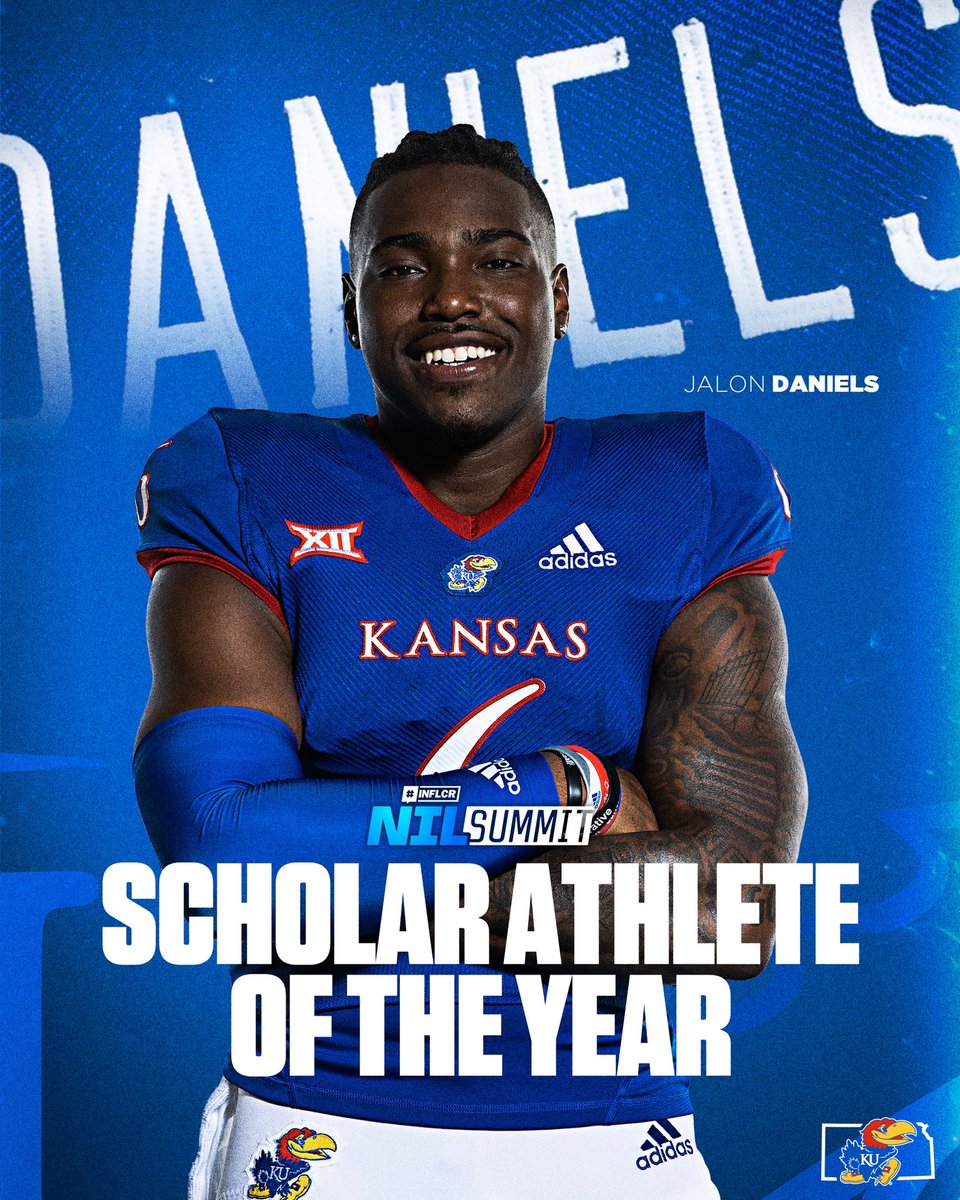 KU_Football's tweet image. JD6 🫡 @JalonDaniels6 is your 2023 NIL Summit Scholar Athlete of the Year ‼️

#RockChalk | #NILSummit