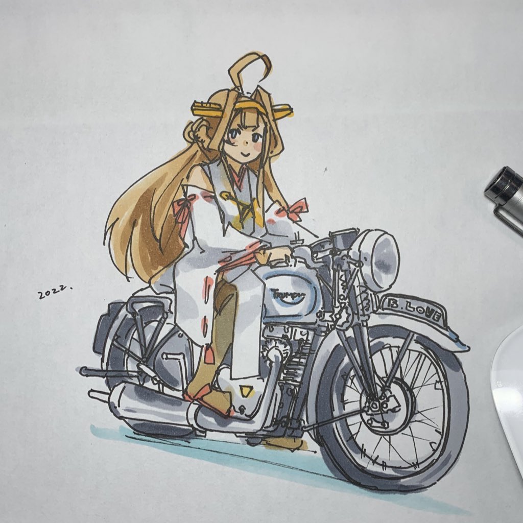 kongou (kancolle) 1girl ground vehicle solo long hair motorcycle motor vehicle ahoge  illustration images