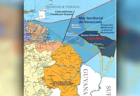 Esequibo24's tweet photo. Seguimos denunciando ante el mundo la línea Azimut 023 impuesta arbitrariamente por #Guyana con la cual nos cierran la salida libre al oceano Atlántico. Es un deber difundir bajo protesta! #EsequiboEsVenezuela https://t.co/Cl9ciTpTR6