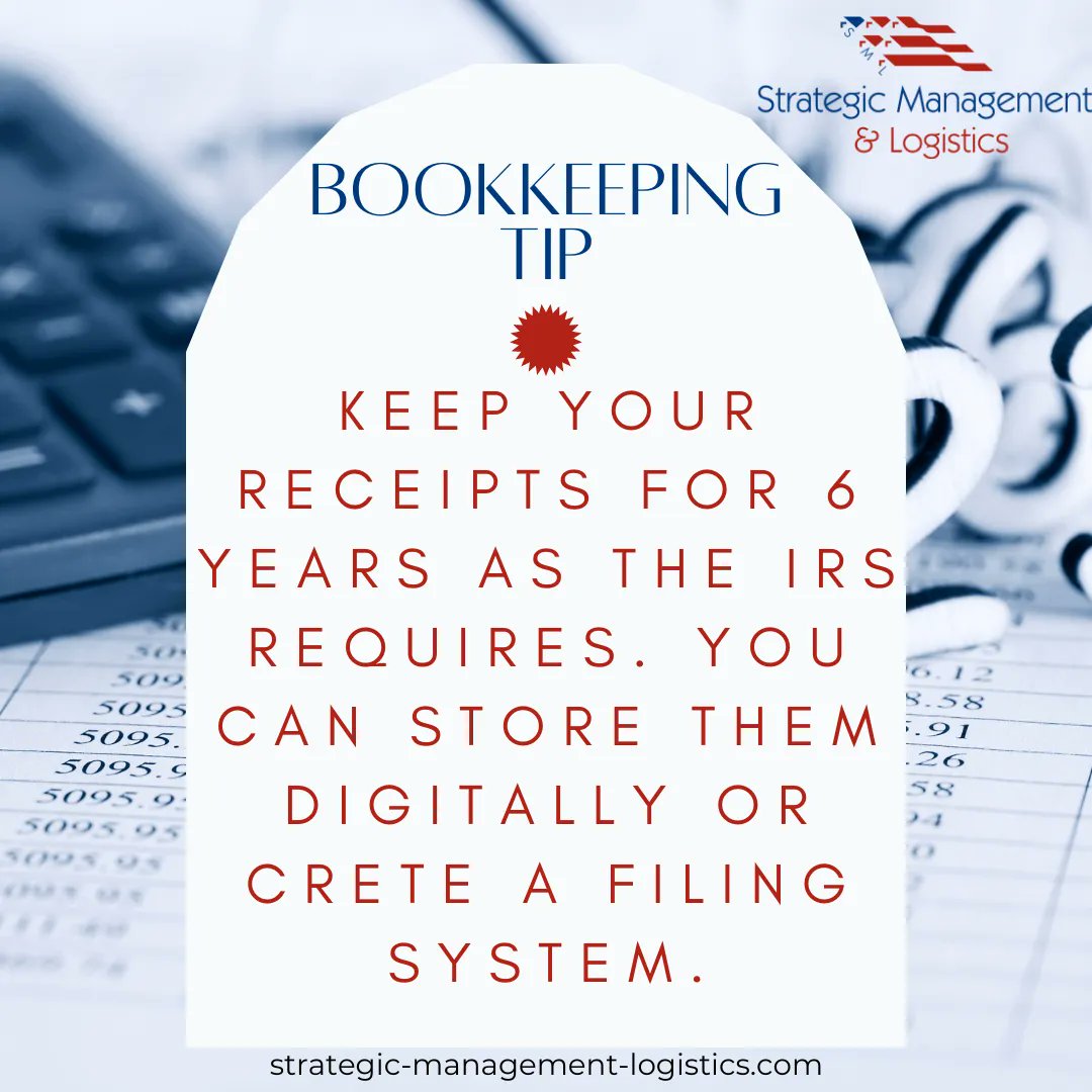 Bookkeeping Tip: Keep your receipts for 6 years as the IRS requires. You can store them digitally or crete a filing system.

buff.ly/42PVete!

#strategicmanagementlogistics #sml #virtualassistance #supportservices #virtualassistant #businesstip #bookkeepingtip
