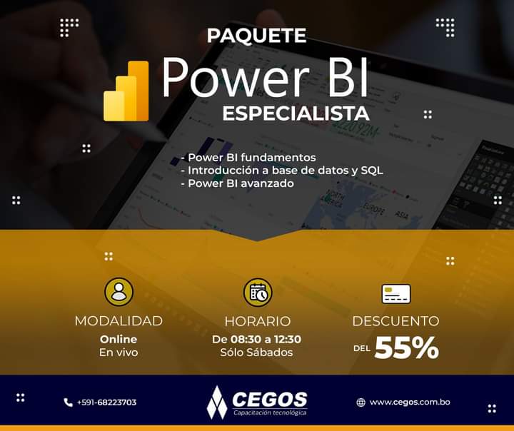 ¡Conviértete en Power BI especialista!
📅 FECHA DE INICIO: Sábado, 3 de Junio
🕛 HORARIO: 08:30 a 12:30 (Sólo Sábados)
💻 MODALIDAD: Online - En vivo
⏳ DURACIÓN: 48 horas (3 meses)
💳 INVERSIÓN: 675 Bs. (55% de descuento)
📋 PLAN DE PAGOS: 2 cuotas mensuales de 338 Bs.
