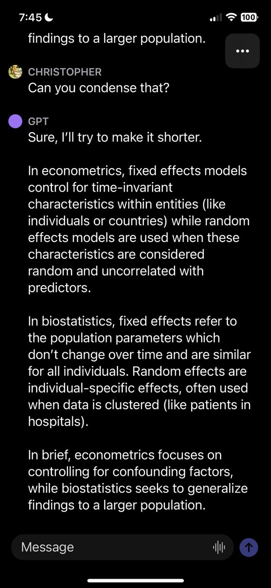 In light of the recent confusion, I asked ChatGPT to compare how fixed effects (“FE”) and random effects (“RE”) are used in econometrics to biostatistics and it did a fair job. 😄