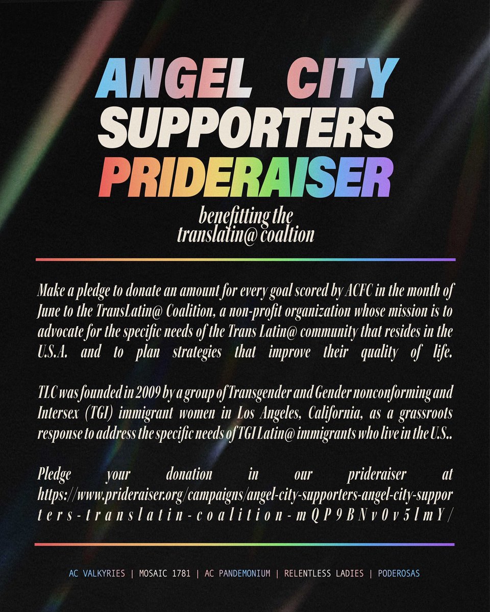 🏳️‍🌈 Join us in celebrating PRIDE all month long by pledging an amount to donate to the TransLatin@ Coalition for every Angel City goal made in the month of June. 🏳️‍⚧️

#AngelCity | #AngelCityFC | #PrideRaiser