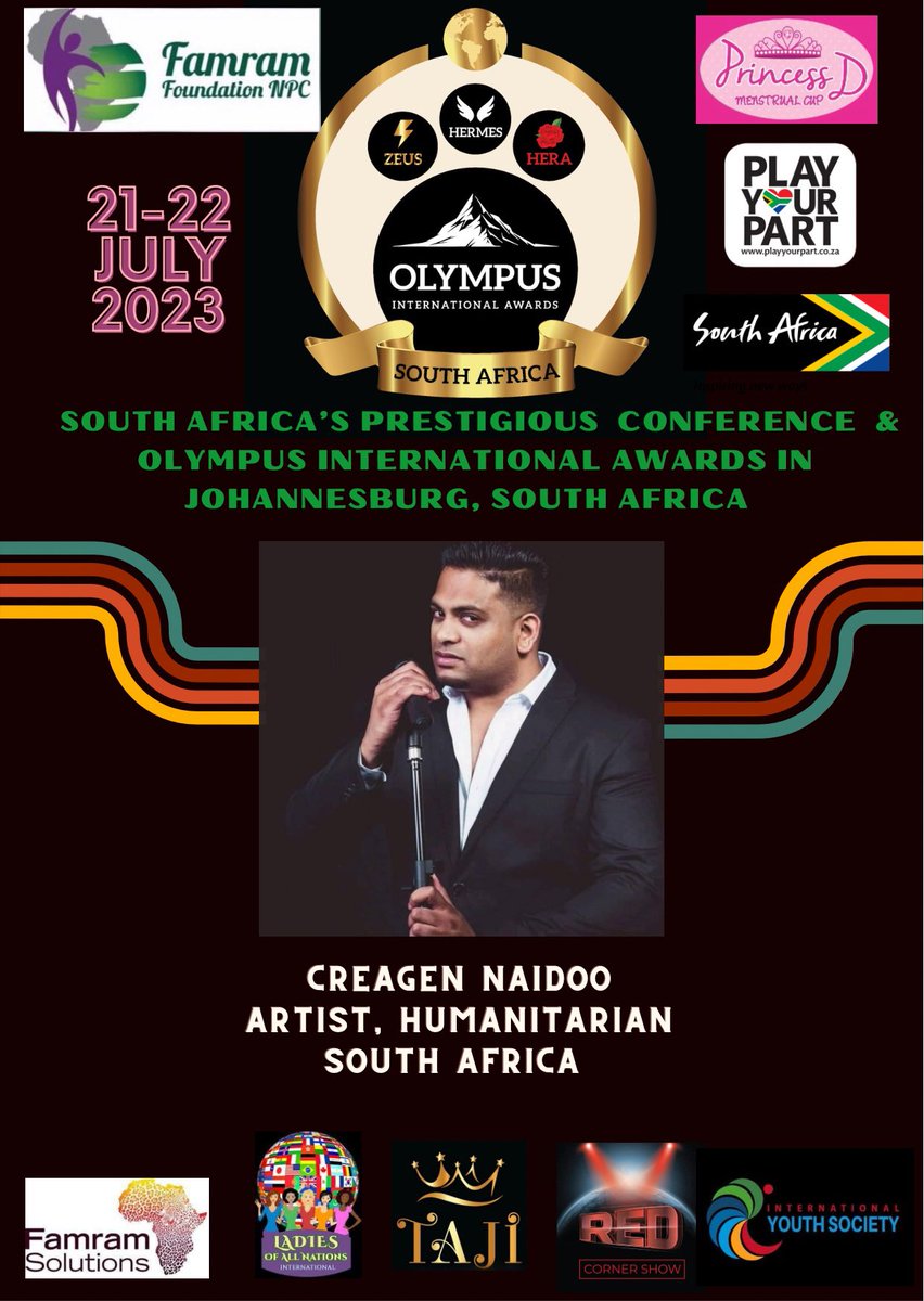 OLYMPUS_Awards's tweet photo. Creagen Naidoo one of our entertainers! Our delegates are from 13 countries! @princessdcup 

#savethedate #famramfoundation #princessdmenstrualcup #olympusinternationalawards #OIASA2023 #redcornershow #BrandSouthAfrica #PlayYourPart #2023calendar #johannesburg #southafrica https://t.co/4jpMt9krgg
