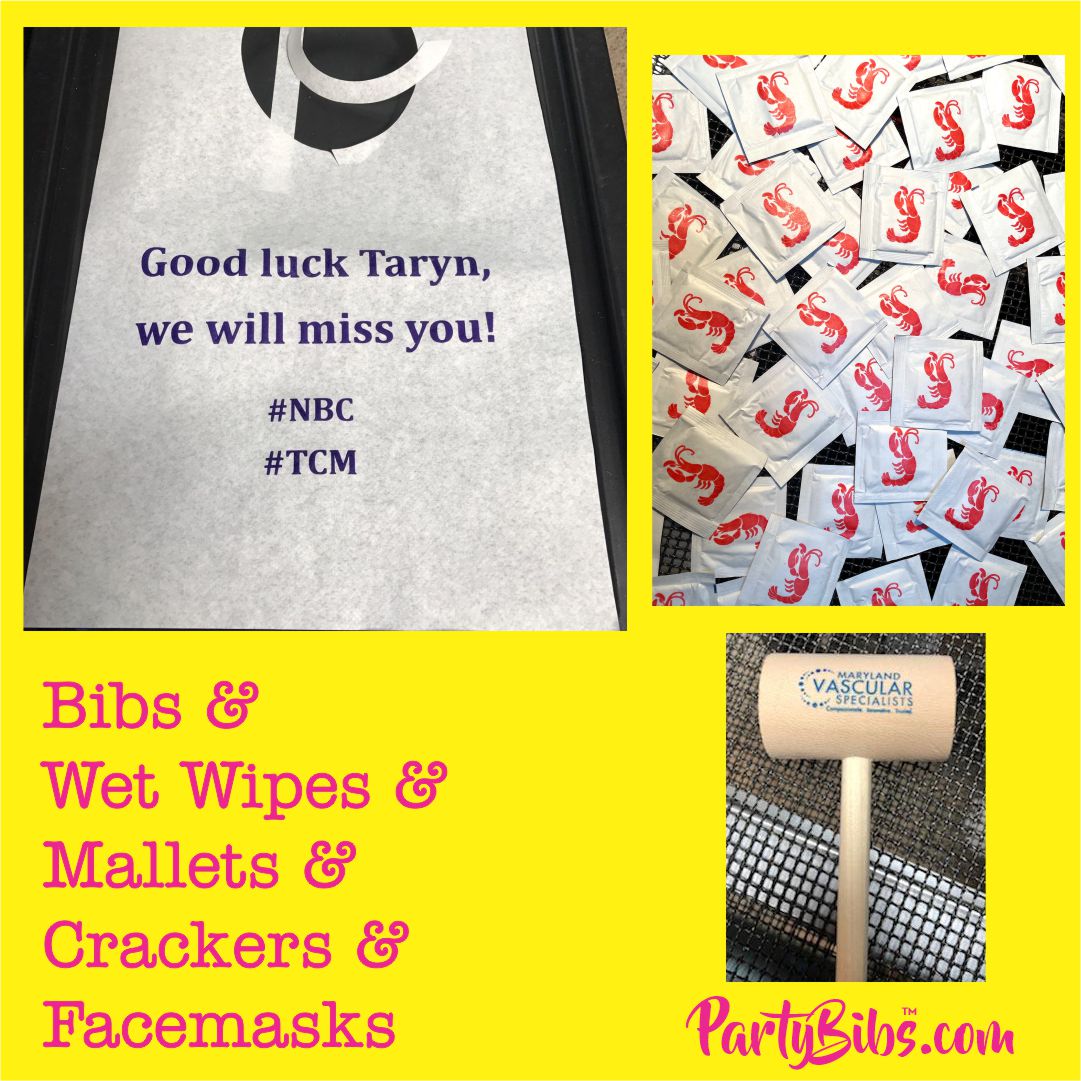 Bibs and Wipes and Mallets and Crackers and Facemasks #partybibs #facemasks #wetwipes #fullcolorbibs #adultbibs #sandscripts #gianttoystockings #crabmallets #mallets #weprintbibs #wearabib #customprinting #over26years