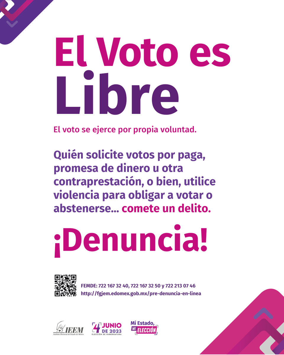 ¡Tu voto 🗳 es libre!

Quien solicite votos por paga, promesa de dinero u otra contraprestación, comete un delito. ¡Denuncia!

☎️ 722 167 3240
☎️ 722 167 3250
☎️ 722 213 0746

🔗 fgjem.edomex.gob.mx/pre-denuncia-e…