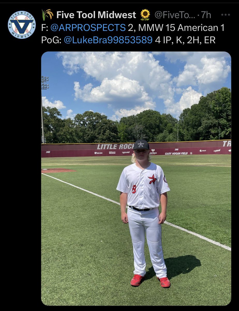 Was named Five Tool Midwest player of the game today for my pitching.  The stats they listed were a little off.  Final was 4 innings, 1K, 1 walk, 1 hit, and 0 earned runs.