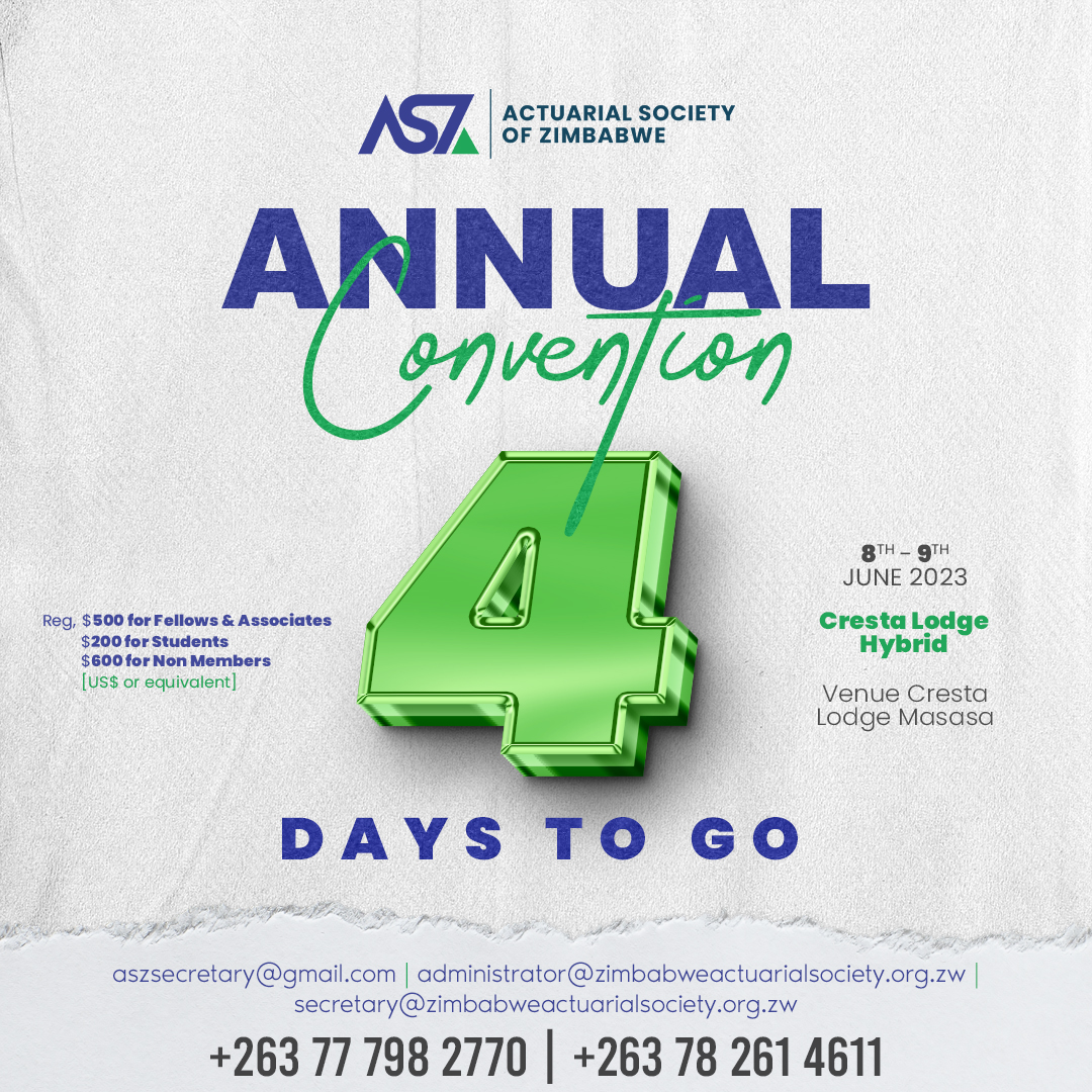 zimactuaries's tweet photo. We cannot wait to host all of you at the beautiful Cresta Lodge Msasa in 4 days for the 9th edition of the Actuarial Society of Zimbabwe's Annual Convention.
Reserve your sit today!
#4daystogo
#ResilientFuture
#BuildingResilience
#ActuarialProfession
#ASZ2023Convention https://t.co/r7Ojza8DTq