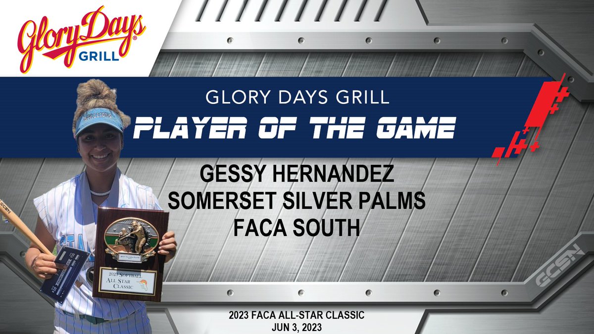Gulf Coast Sports Network would like to congratulate Gessy Hernandez for being named the Glory Days Player of the Game on our Jun 3, 2023 broadcast at the FACA All-Star Classic! Full game replay available on our youtube channel!
<a href="/FACACoach/">FACA</a> <a href="/HernandezGessy/">Gessy Hernandez</a> <a href="/16uMiami/">Miami Stingrays 18U Gold-Gator</a>  #softball