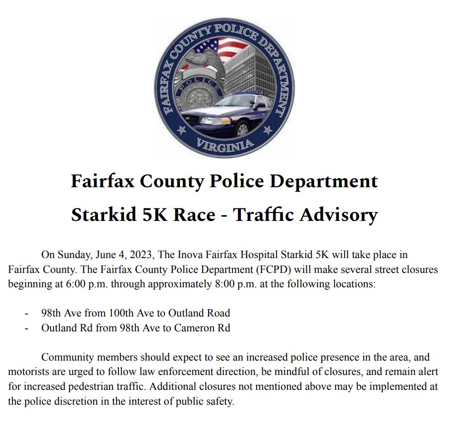 TRAFFIC ALERT ⚠️: FCPD will conduct road closers on Sunday, June 4, 2023, in order to accommodate the Starkid 5K.