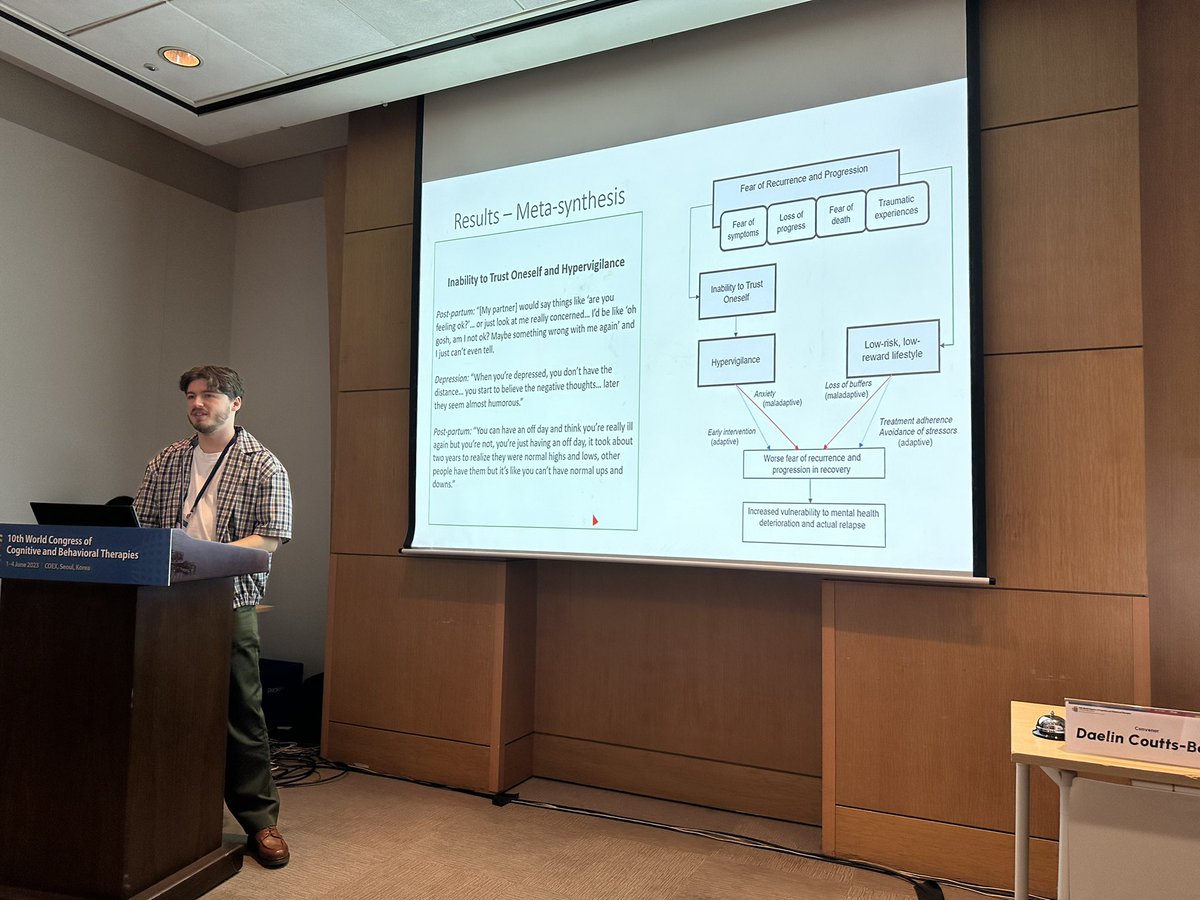 LSharpeUSYD's tweet photo. @DaelinCB chairs his first symposium at #wccbt2023 and presents his novel research on fear of recurrence or progression in people with #mentalhealth conditions. New #transdiagnostic model. 

The contribution of a ‘low-risk; low reward’ strategy. https://t.co/ot5OQFfBpA