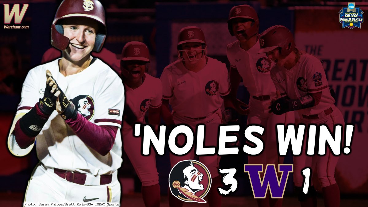 Warchant's tweet photo. ANOTHER DUB FOR THE ‘NOLES!

#FSU gets a double play to end it and wins 3-1 over Washington in the #WCWS https://t.co/VNBwfr4o9b