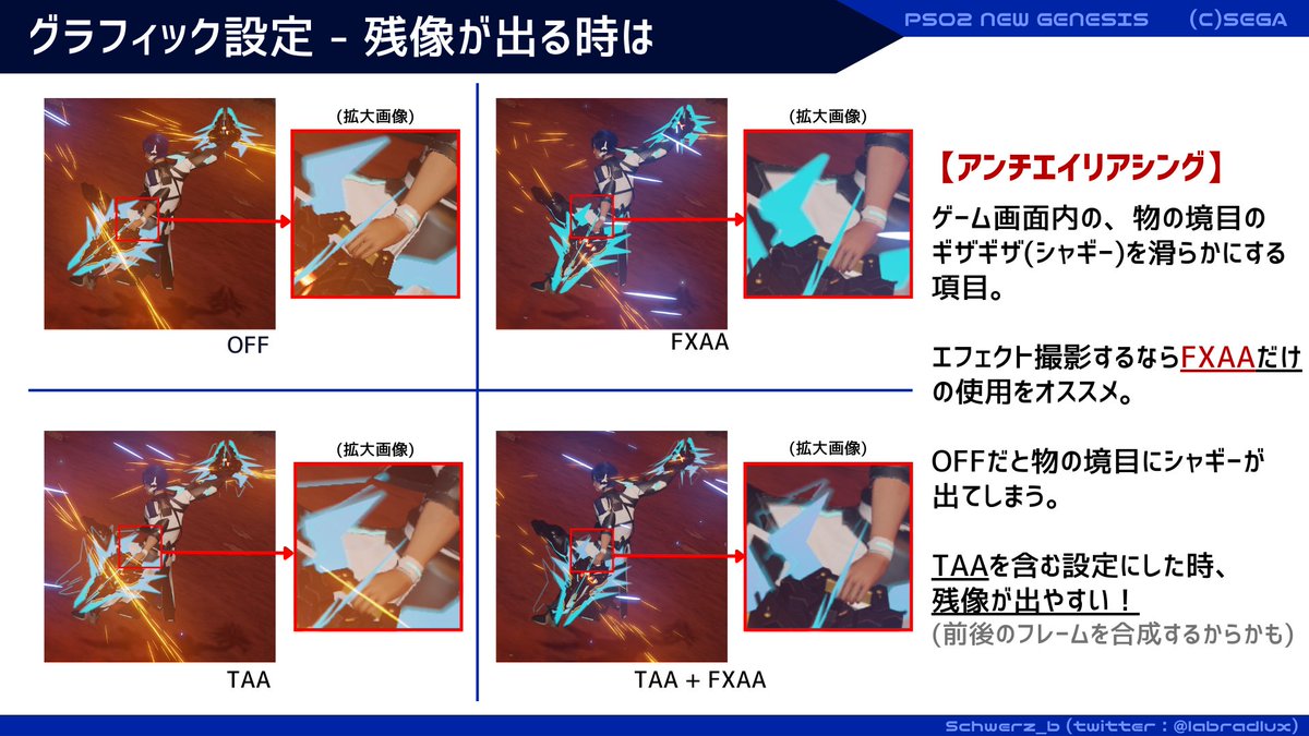 labradlux's tweet photo. ゆる〜くまとめるPSO2NGSエフェクト撮影講座。
2週目はグラフィック設定(1/2)。リプライにも4枚続く。

エフェクトの派手さや、キャラのブレに関わるのは1〜2枚目。

残像と、AMD FSR 1.0・NVIDIA DLSS に関わるのは3〜4枚目。
#エフェクト撮影講座_PSO2NGS https://t.co/YWaVWYkTzw