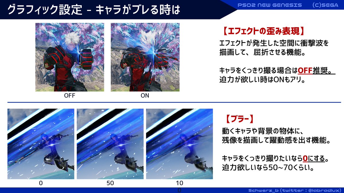 labradlux's tweet photo. ゆる〜くまとめるPSO2NGSエフェクト撮影講座。
2週目はグラフィック設定(1/2)。リプライにも4枚続く。

エフェクトの派手さや、キャラのブレに関わるのは1〜2枚目。

残像と、AMD FSR 1.0・NVIDIA DLSS に関わるのは3〜4枚目。
#エフェクト撮影講座_PSO2NGS https://t.co/YWaVWYkTzw