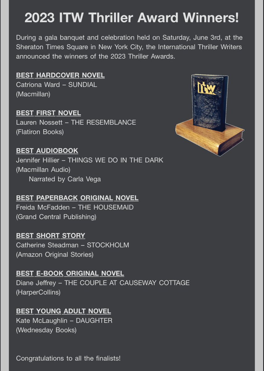 Congratulations to the ITW award winners, class of 2023
@thrillerwriters #thrillerfest #itwawards #awardwinning #authors