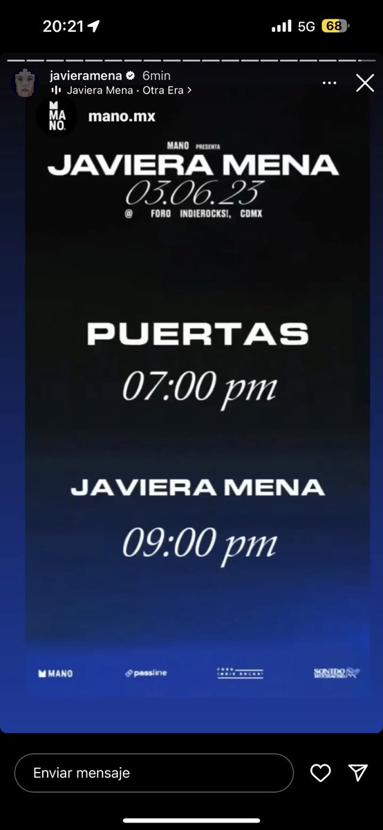 Para los que estén esperando en el concierto, empieza <a href="/javieramena/">.</a> a las 9. Paciencia gente 👌😎🚀🎉. #Javiera #Mena