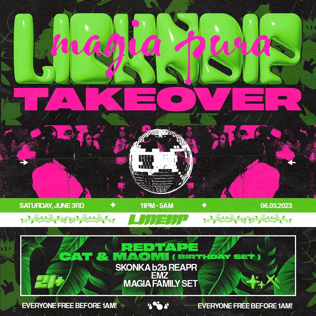 ✨🔮 @justlickndipbackup TONIGHT 🔮✨

🌿🪩 The @magiapuramusic Takeover 🪩🌿

🎈 Celebrating @maomimusic birthday 🎈 

Going B2B with <a href="/skonkamusic/">Skonka</a> at Midnight!

📲: TEXT “MOMMY” TO 844-956-4336 FOR INFO.

🔌: DM FOR GUESTLIST 

#DanceLikeASkonka
#DanceWithTheReapr
#CRRNT