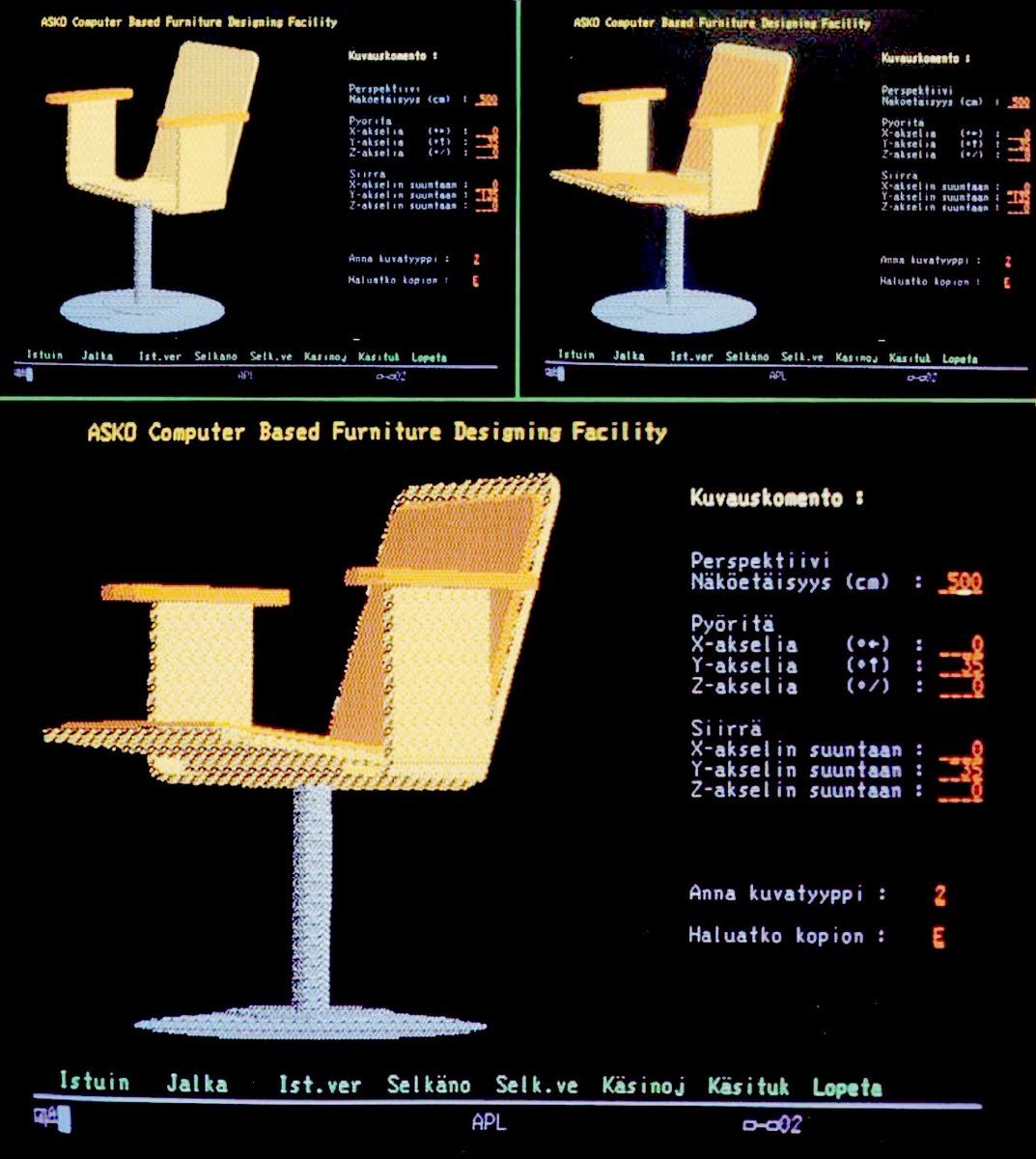 nickpbaker's tweet photo. Eero Aarnio's CAD screenshots from the '80s https://t.co/FS0ufdxcBo