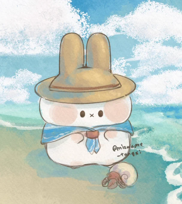 浜辺のお散歩らふぷみ (〇・×・〇)  #ぷみうさぎ #すぴょんず #イラスト