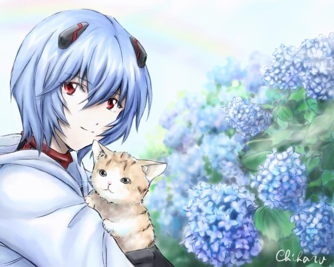 そろそろ梅雨の季節なので、紫陽花描いてみました  #エヴァンゲリオン #綾波レイ
