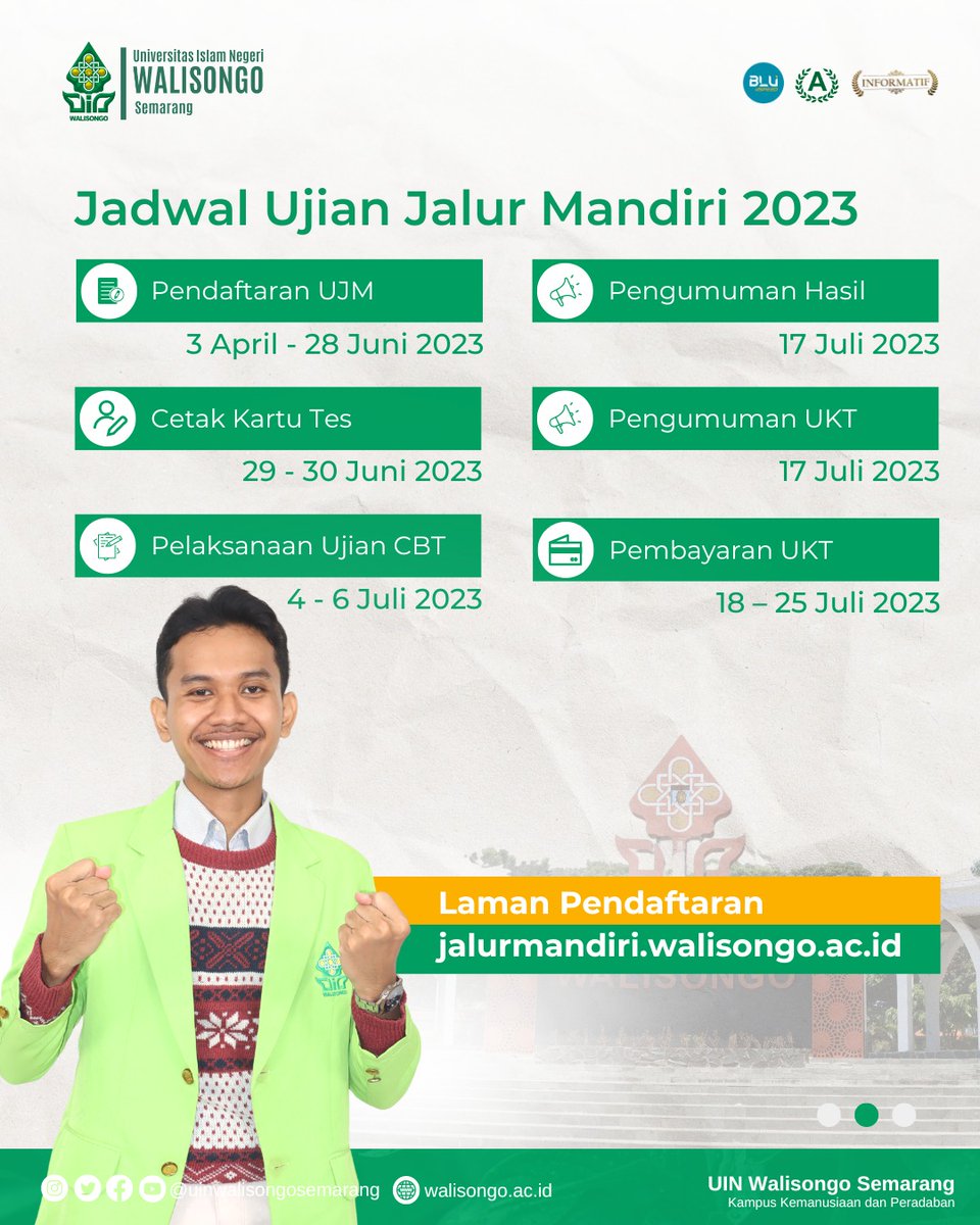UinWSofficial's tweet image. Halo Para Pejuang #Maba2023, kesempatan untuk jadi #Genwa2023 masih terbuka nih
Tersisa satu jalur masuk UIN Walisongo yaitu Ujian Jalur Mandiri. Kamu bisa pilih semua program studi yang ada di sini lho..