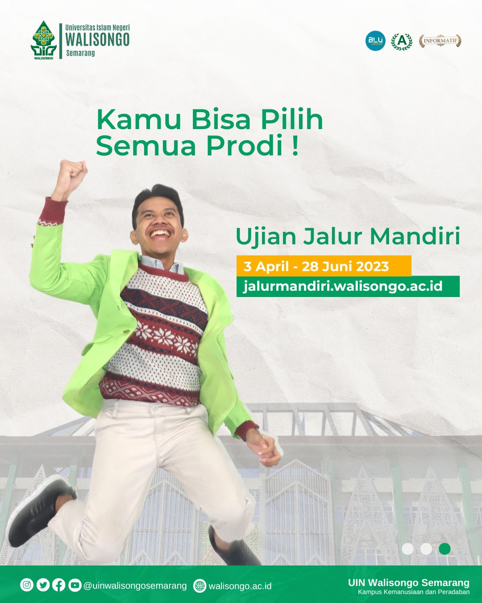 UinWSofficial's tweet image. Halo Para Pejuang #Maba2023, kesempatan untuk jadi #Genwa2023 masih terbuka nih
Tersisa satu jalur masuk UIN Walisongo yaitu Ujian Jalur Mandiri. Kamu bisa pilih semua program studi yang ada di sini lho..