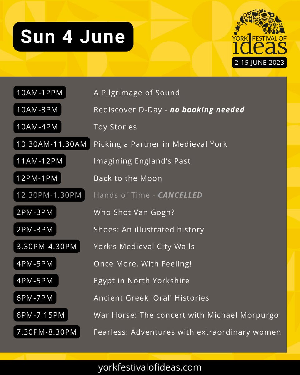 DAY 3! We've got MORE wonderful events for you today, including 'War Horse: The concert' with Michael Morpurgo, a medieval dating show courtesy of @YorkHistoryDept, and 'Fearless' with @louiseminchin. Enjoy today's programme 🤩💜 #YorkIdeas